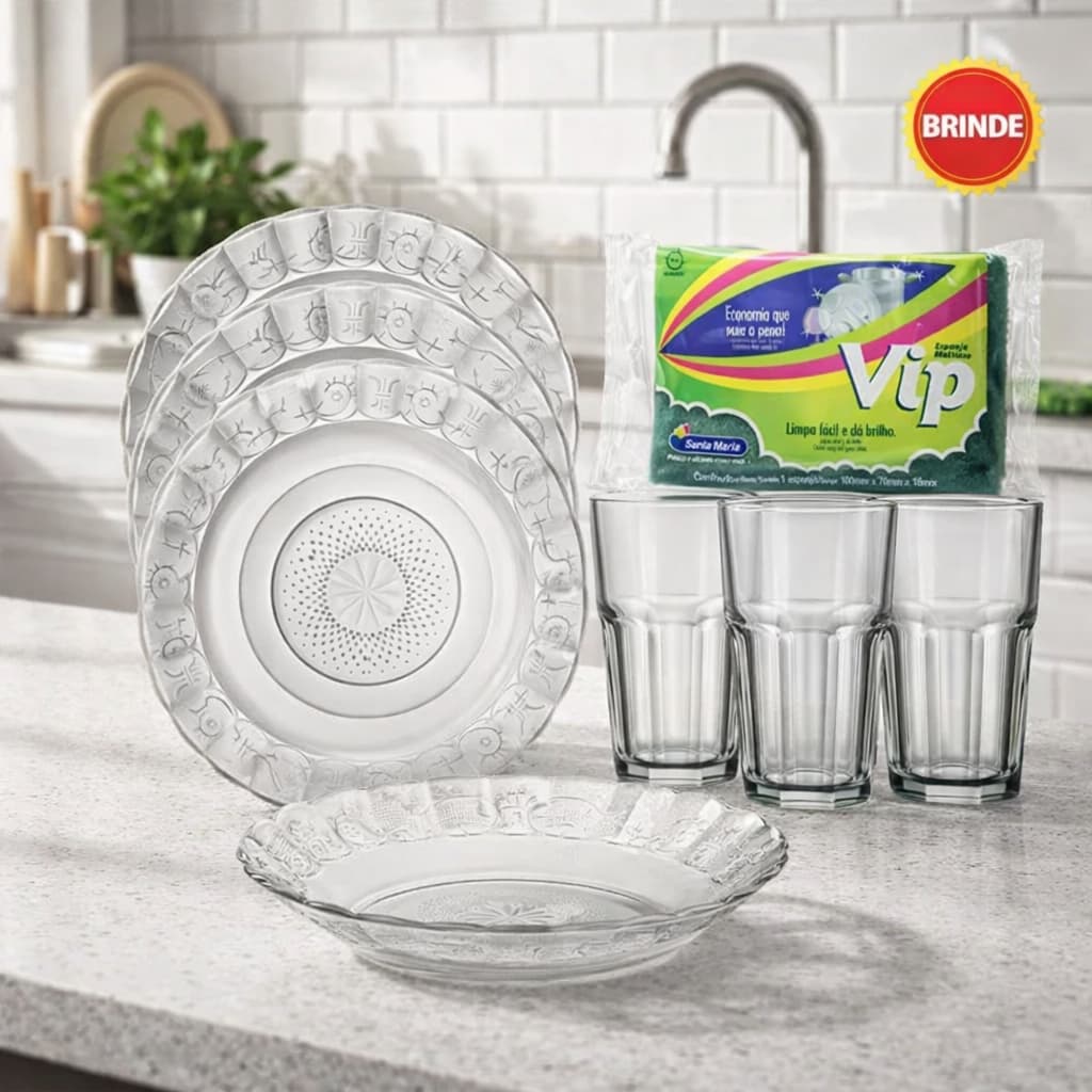 Conjunto jogo 6 peças em vidro 3 pratos e 3 copos para jantar + BRINDE
