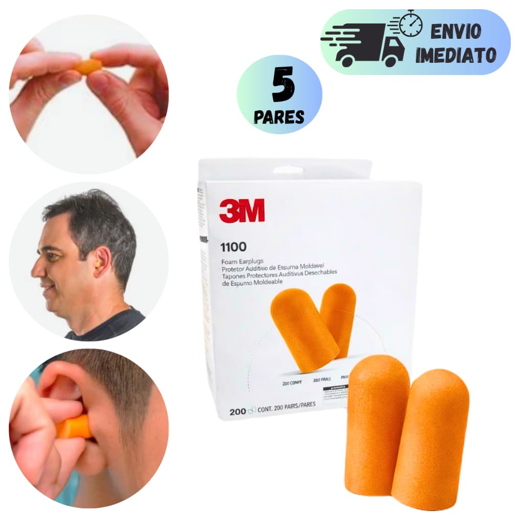 KIT 5 PROTETOR AURICULAR 3M 1100 ABAFADOR DE RUÍDOS PARA OUVIDOS SEM CORDÃO PARA DORMIR COM CA EPI