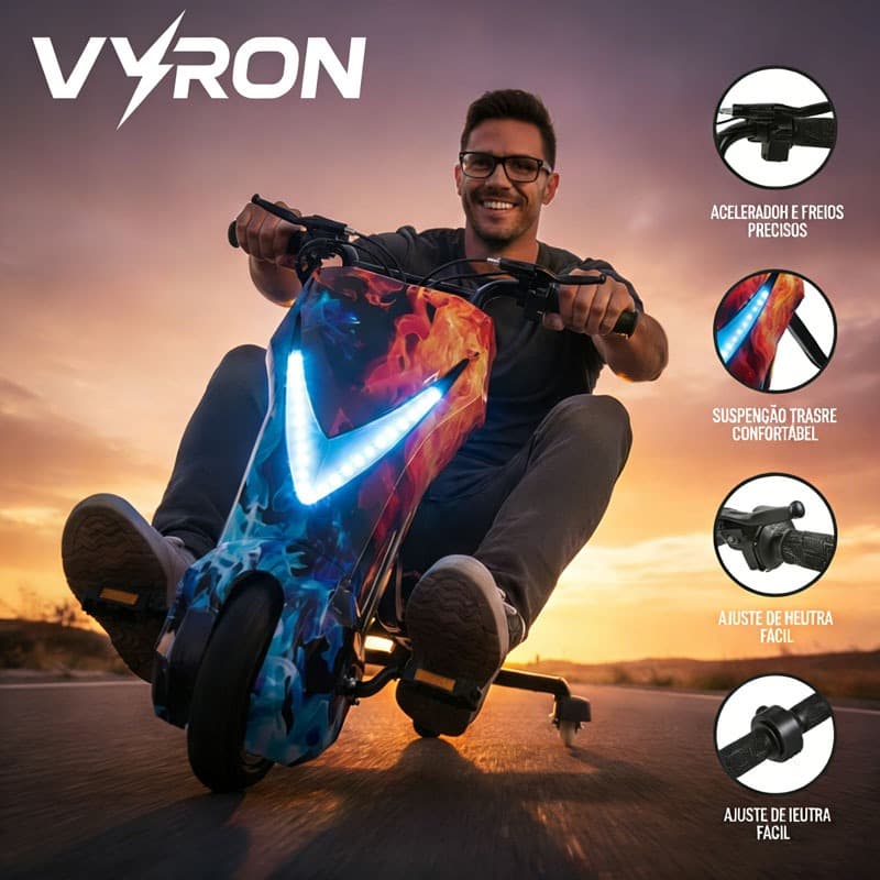 VYRON Drift Trike Triciclo Elétrico Infantil 250W Giro 360° LED Bluetooth 3 Velocidades