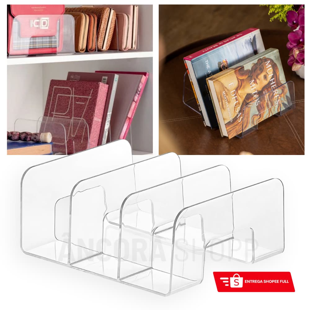 Organizador Multiuso Modular Para Livros Bolsas Guarda Roupa Acrílico com 3 Divisórias 24,5x20x10