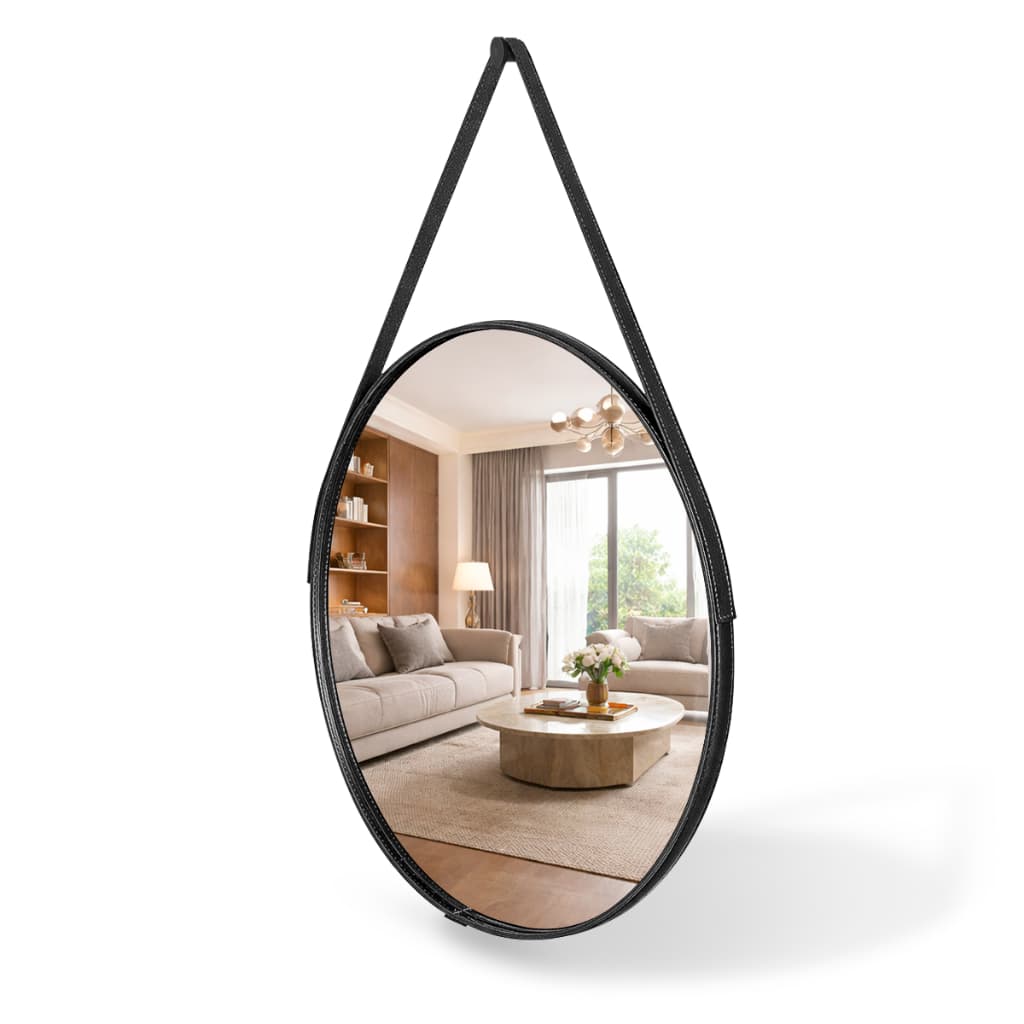 Espelho Redondo Decorativo Adnet Couro Costurado 60cm Sala Quarto Banheiro Redondo Hall