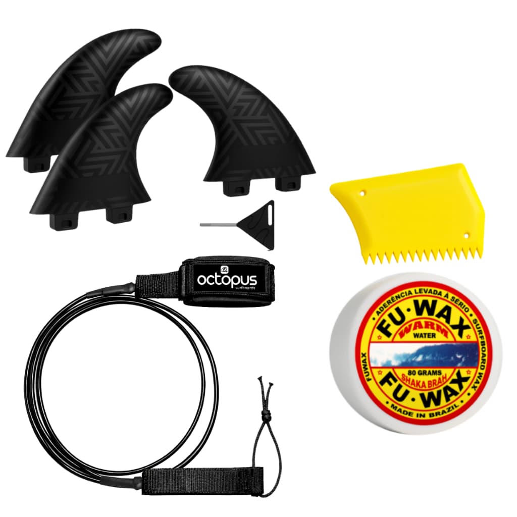 Leash Prancha Surf 2 Giradores - Strep 6´ X 6,5mm + Jogo Quilhas M5 + Parafina Fu Wax Surf