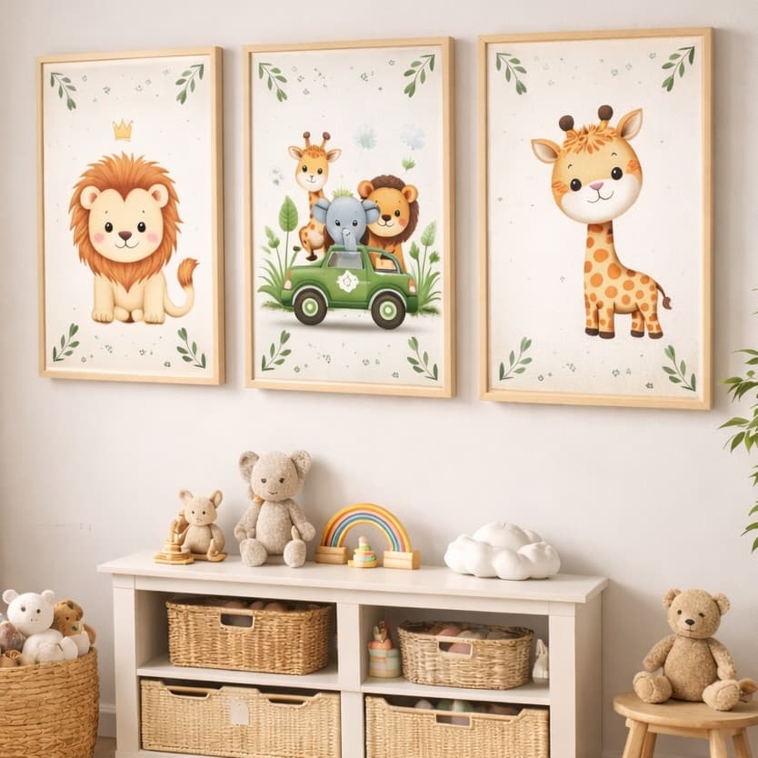 Kit 3 Quadros Decorativos Safari Aquarela Infantil Mosaico Sala Quarto Escritório