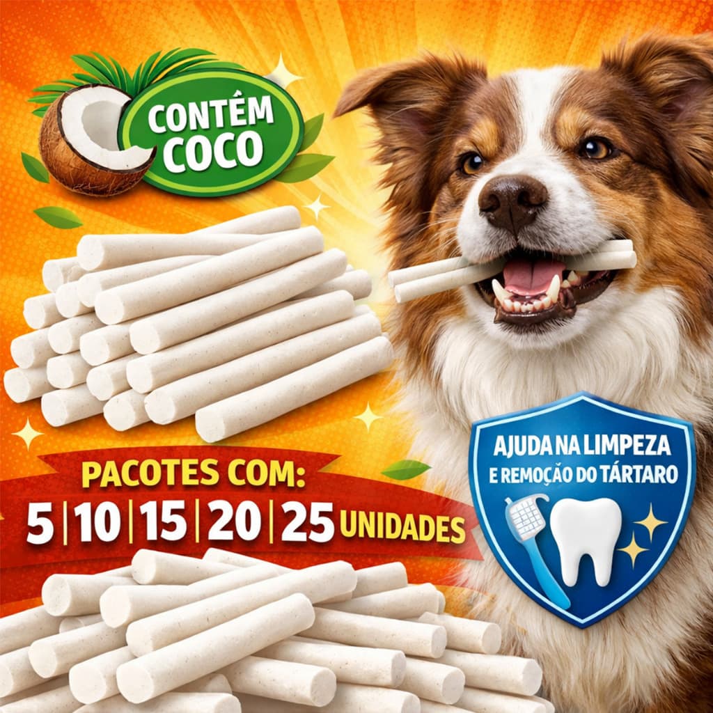 Petisco Osso Palito para Cães Natural 12cm Limpeza Tártaro Contém Coco Dental Saudável