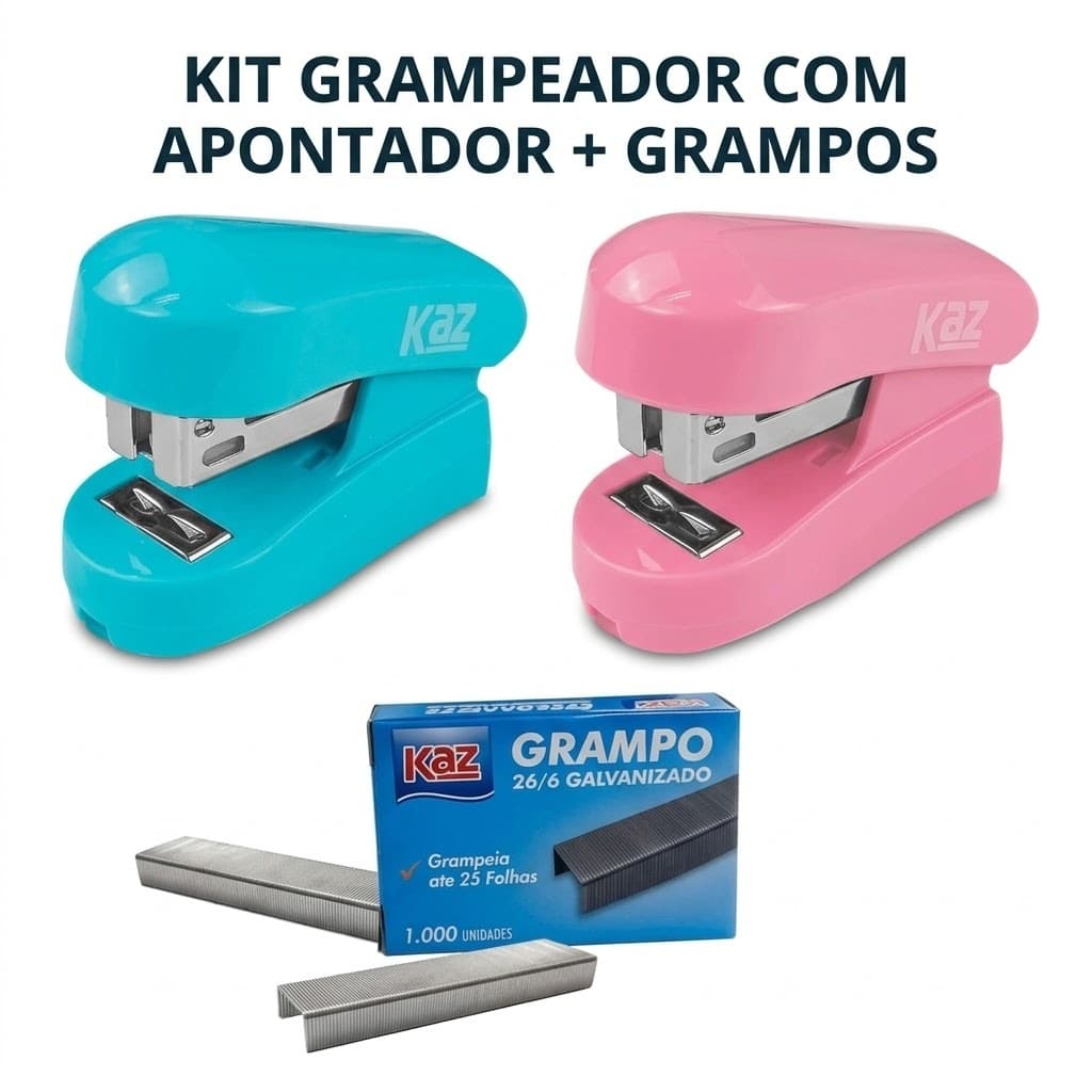 Mini Grampeador de Mesa Plástico Colorido Kaz + 1000 Grampos 26/6 Escritório Escolar Fofo Resistente