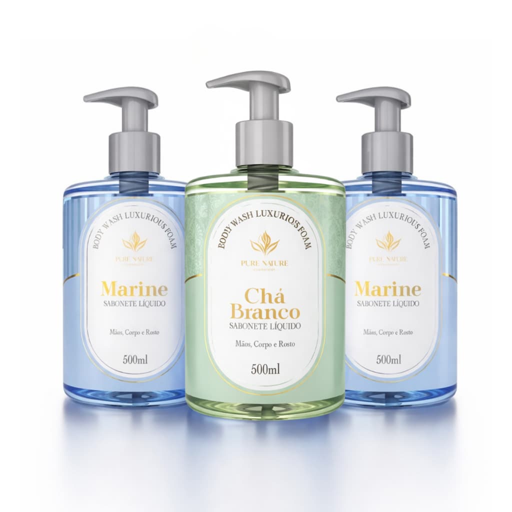 Kit 3 Sabonetes Líquidos Para Mãos 500ml Fragrâncias Luxuosas Chá Branco e Marine