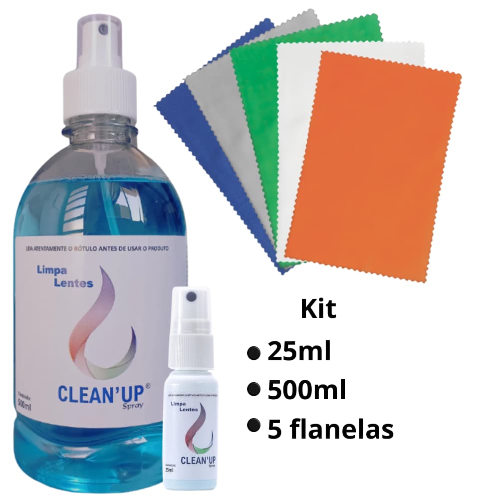 Kit Limpa Lentes Óculos Telas Celular Note Computador 25ml +500ml + 5 Flanelas