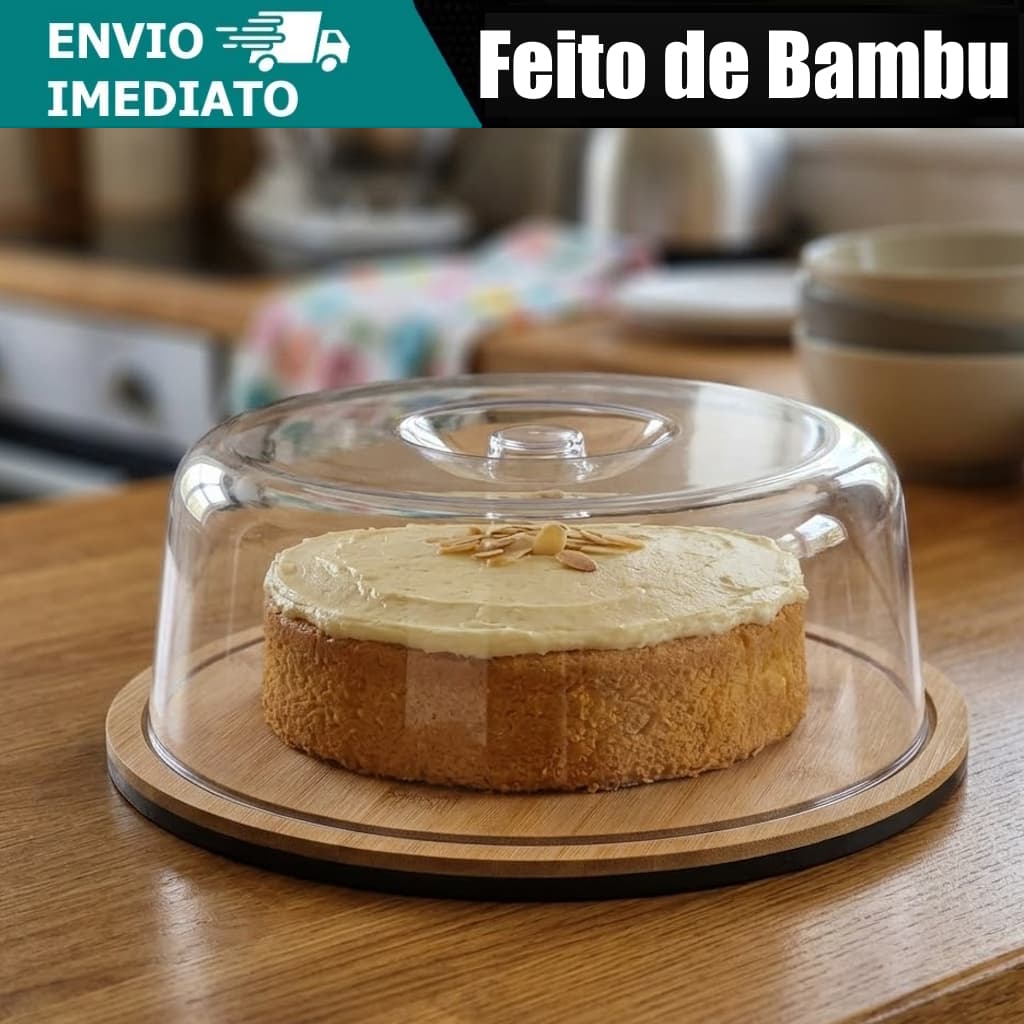 Boleira Bambu Com Tampa De Acrílico Porta Bolo Torta Pudim Queijo 28cm Ecológica