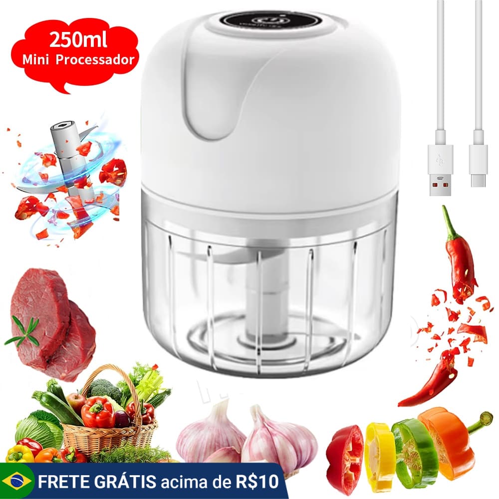Mini Processador Triturador Picador Elétrico de Alimentos 250ml Portátil Carne Vegetais Recarregável USB Bivolt.