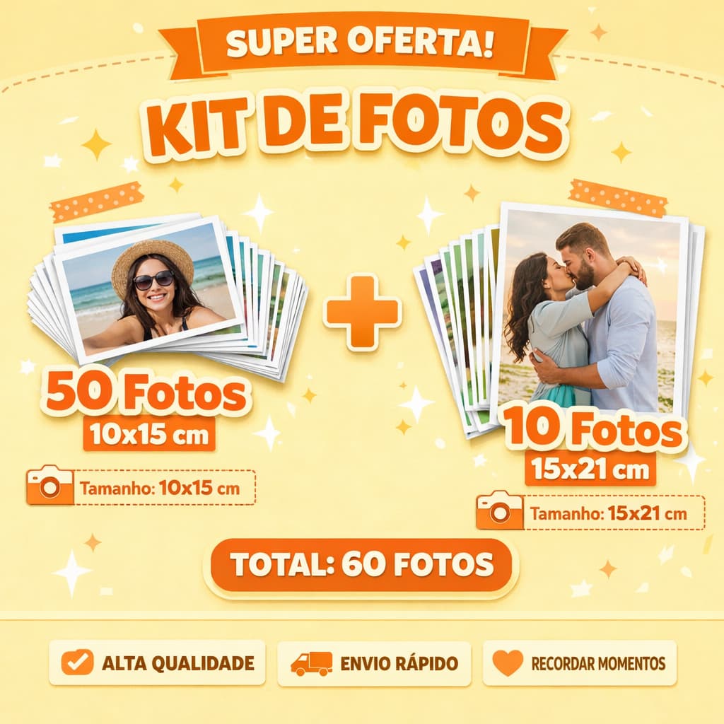 Kit de Revelação de 50 fotos 10x15 + 10 fotos 15x21 Premium