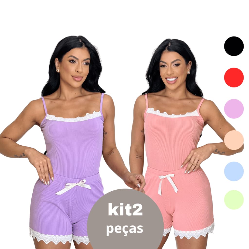 Kit 2 Pijamas Baby Doll Sexy Short Doll Canelado Feminino Detalhe de Renda Luxo Premium Sem Bojo