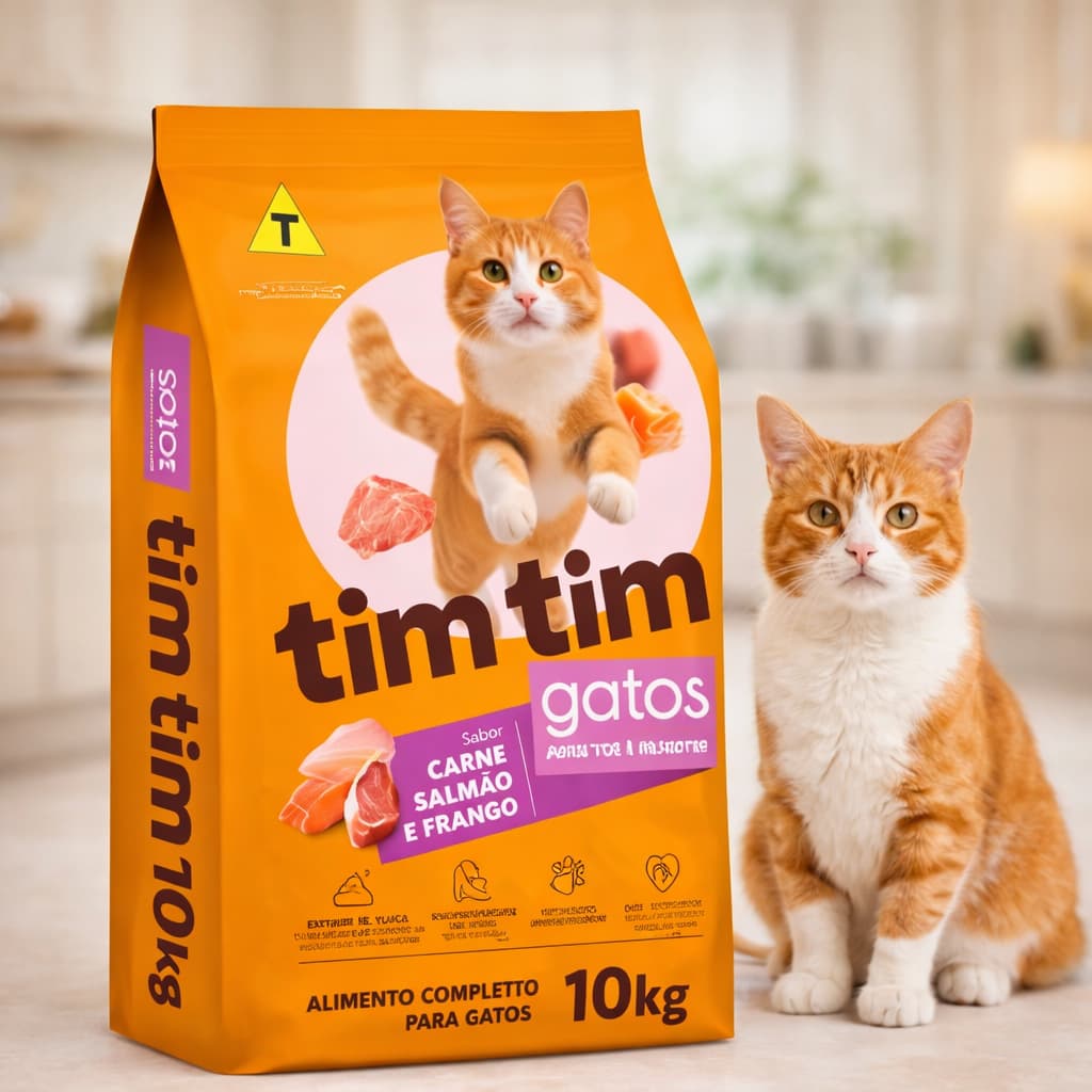 Ração Gato Filhote Adulto 10kg Tim Tim Cat Premium 3 em 1 Carne Salmão Frango