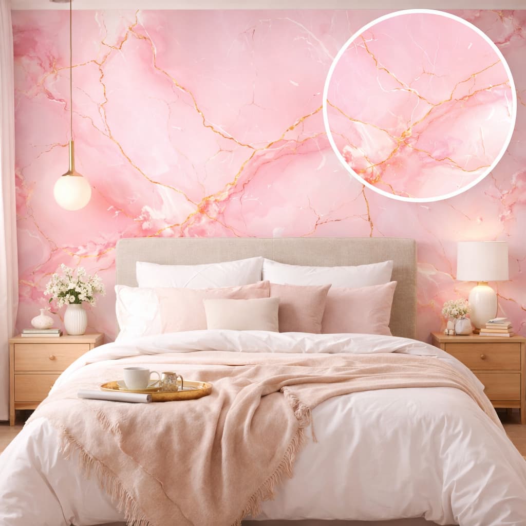 Papel de Parede Mármore Rosa e Dourado Adesivo Luxo | Sala e Quarto | Envio Imediato