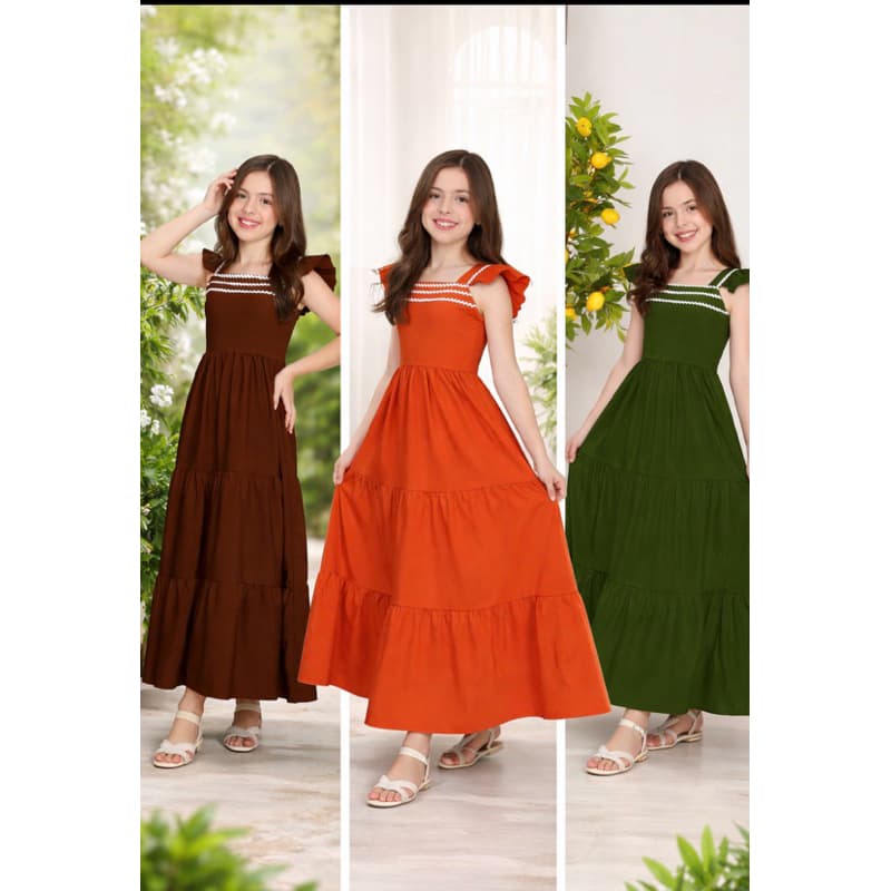 Vestido Longo Juvenil três Maria liso  Alcinha babado