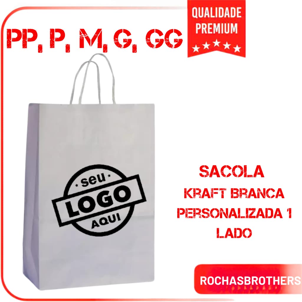 Sacola de Papel Kraft BRANCO– Personalizada com Sua Logo Colorida - 1 Lado - PP P M G e GG