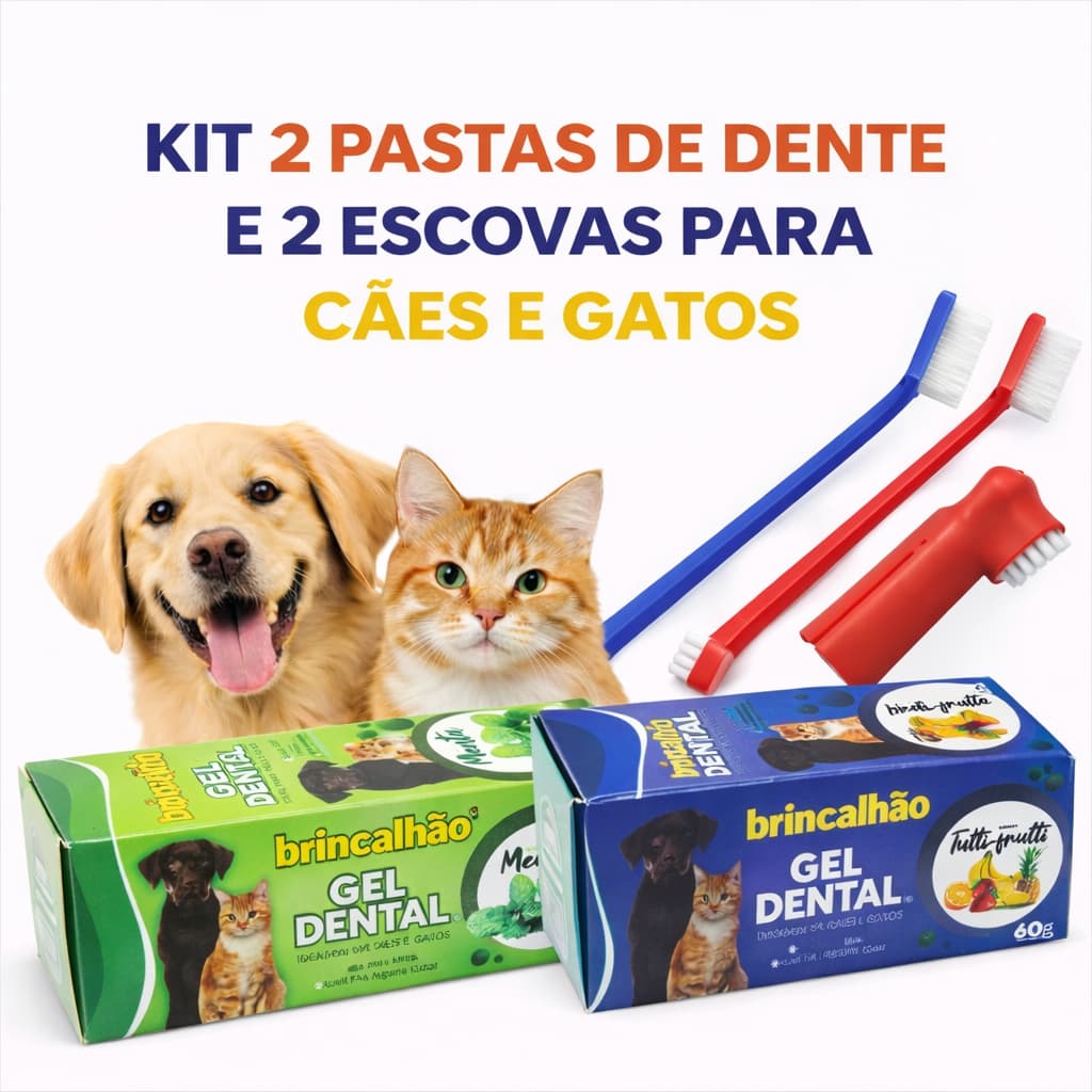 Kit 2 Pasta de Dente + 2 Escova de Dente Cães Gato Cachorro Anti Tártaro Mal Hálito