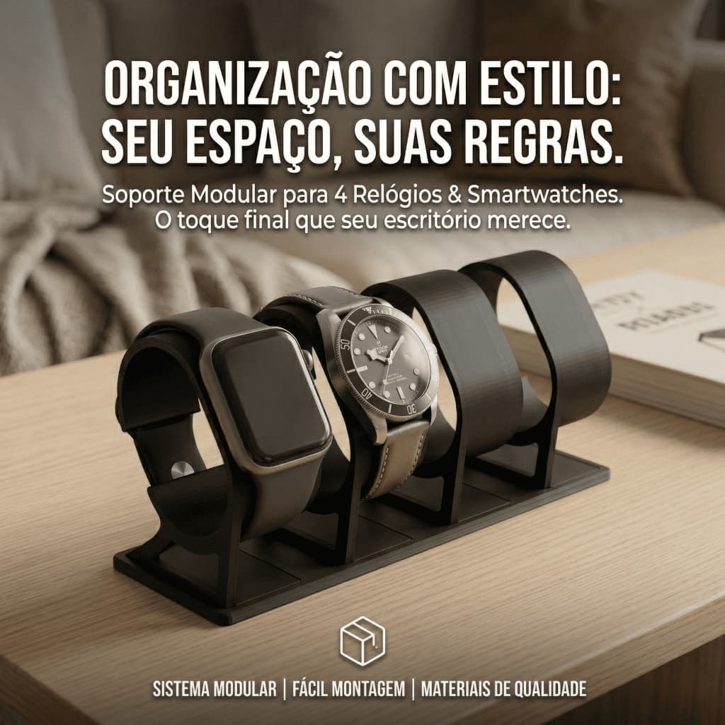 Suporte Expositor Preto com Base para 4 Relógios de Pulso