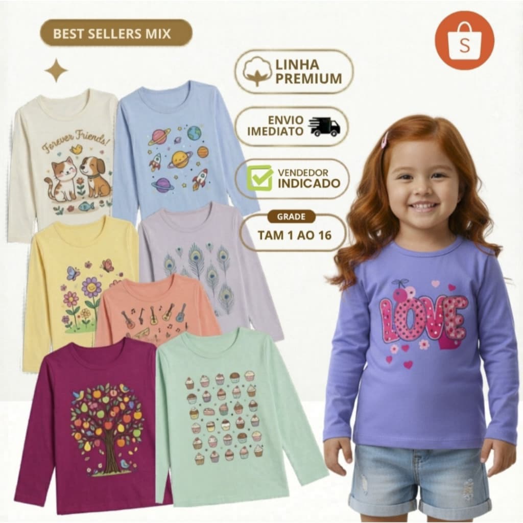 Kit 5 Camiseta Manga Longa Menina Blusinha Infantil Feminina Blusa Frio Infantil Algodão 1 a 16 anos
