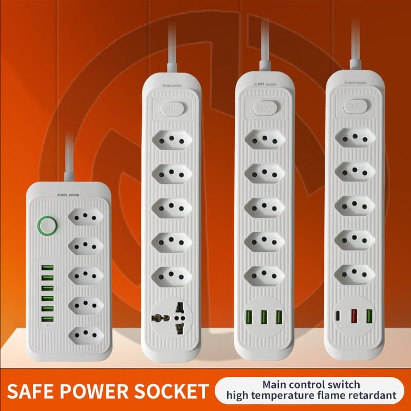 Proteção e Carregamento Rápido: Régua com 5 Tomadas + 3 USB， Potência 2500W, Cabo 2m, Bivolt