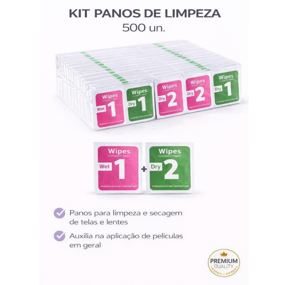Kit 500 Limpeza de tela para aplicação de Películas Celular Sachê Paninho Pano Relógio