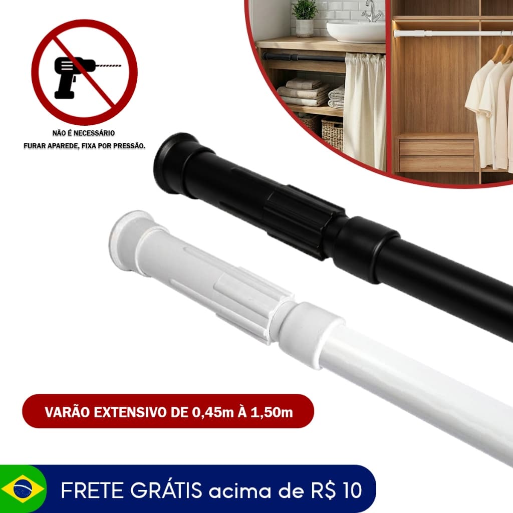Varão Extensivo Ajustável 0,45m à 1,50m Cortina Box Banheiro Suporte Sem Furo Branco e Preto