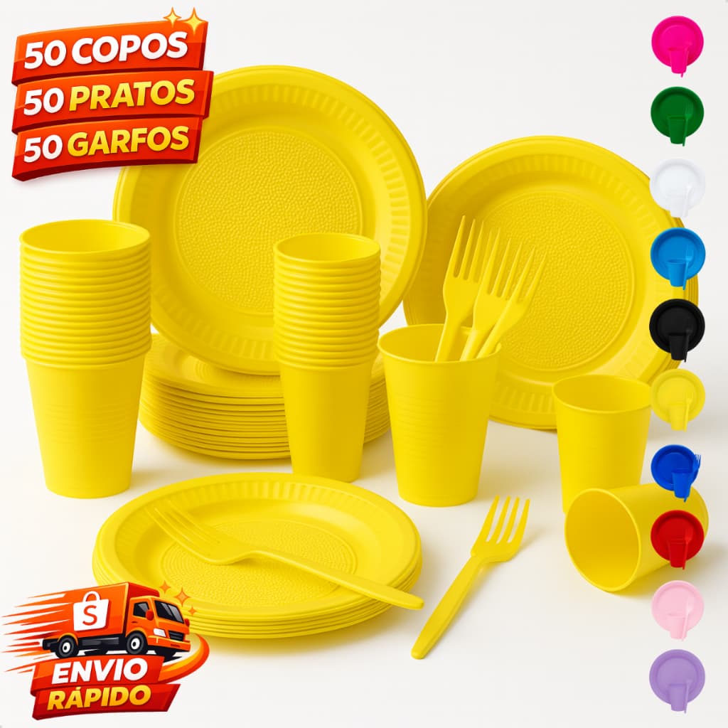 Kit Descartável 150 Itens para ate 50 Pessoas Pratos Copos Garfos Para Aniversario Comemoracoes