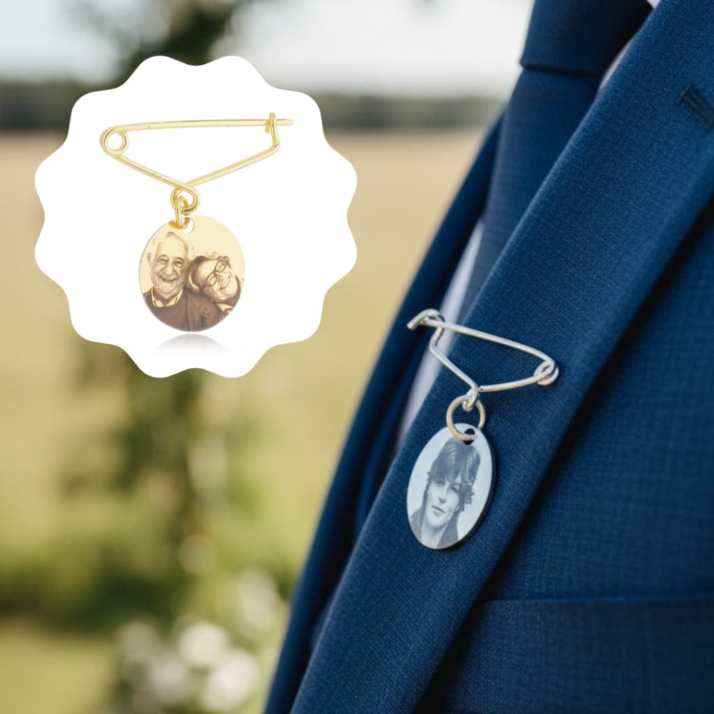 [SEMIJOIA] BROCHE LAPELA NOIVO BUQUÊ CASAMENTO PERSONALIZADO FOTOGRAVAÇÃO BANHO OURO 18K E PRATA 925