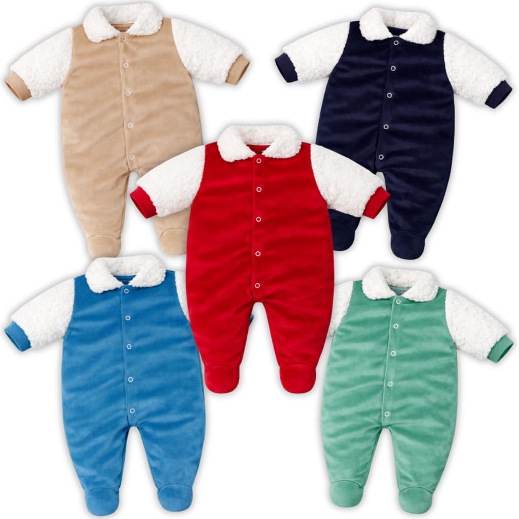 Kit 4 Pçs Macacão Plush Bebe Veludo Pelo Na Gola Macio Menino Menina