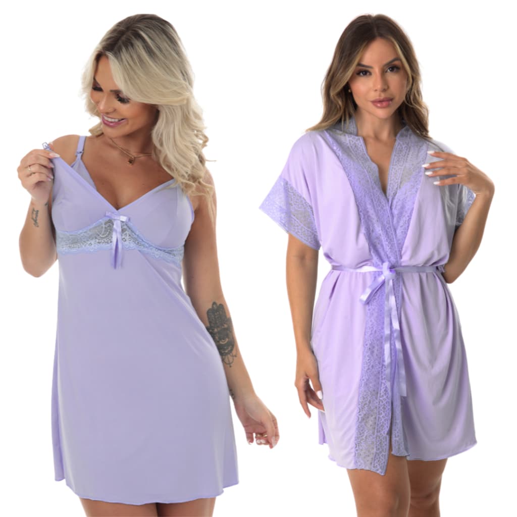 Kit Camisola Amamentação e Robe Pós Parto Saída Maternidade Elegante Confortável Gestante