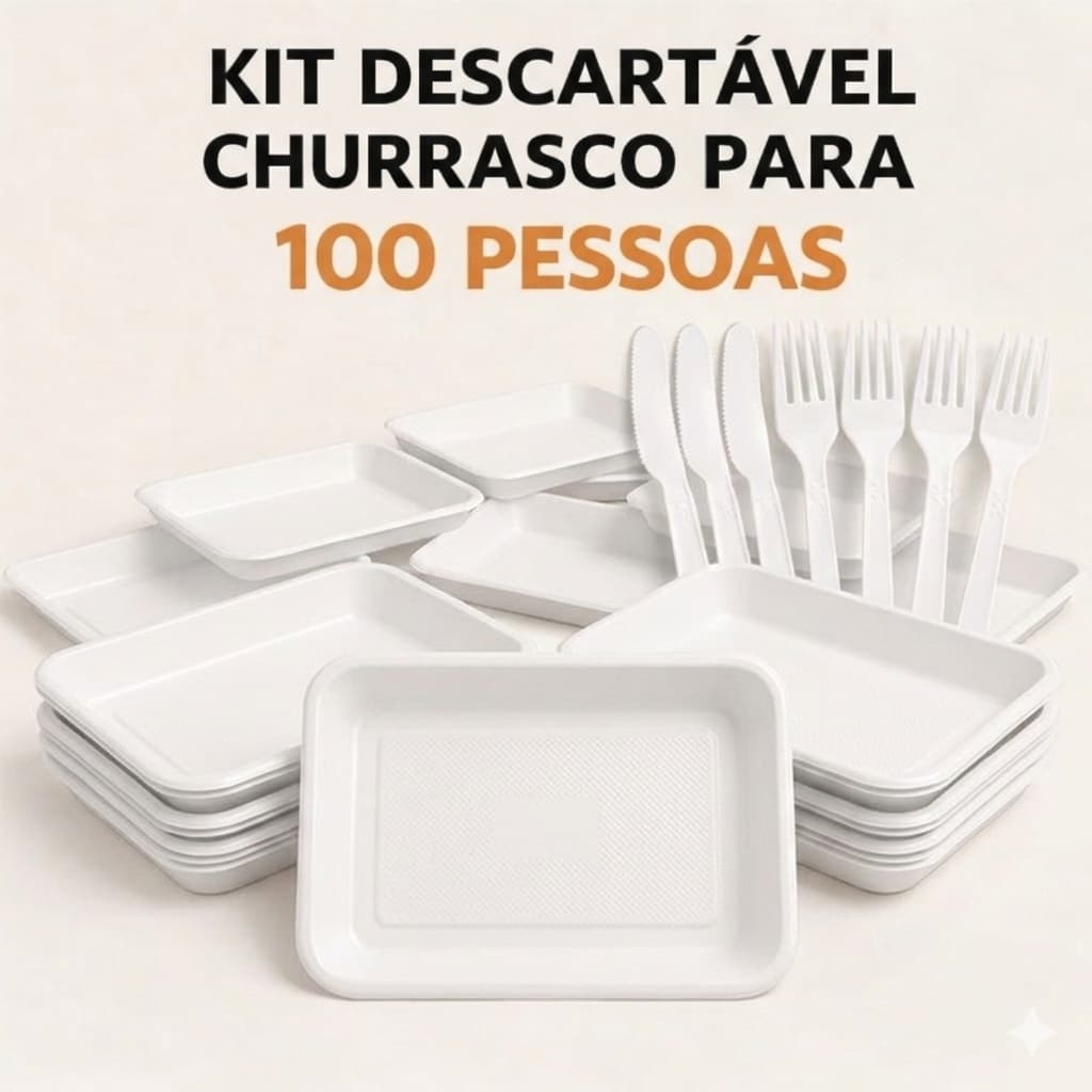 Kit Descartável C/100 Bandejas + 100 Talheres P/ Churrasco Festas Eventos