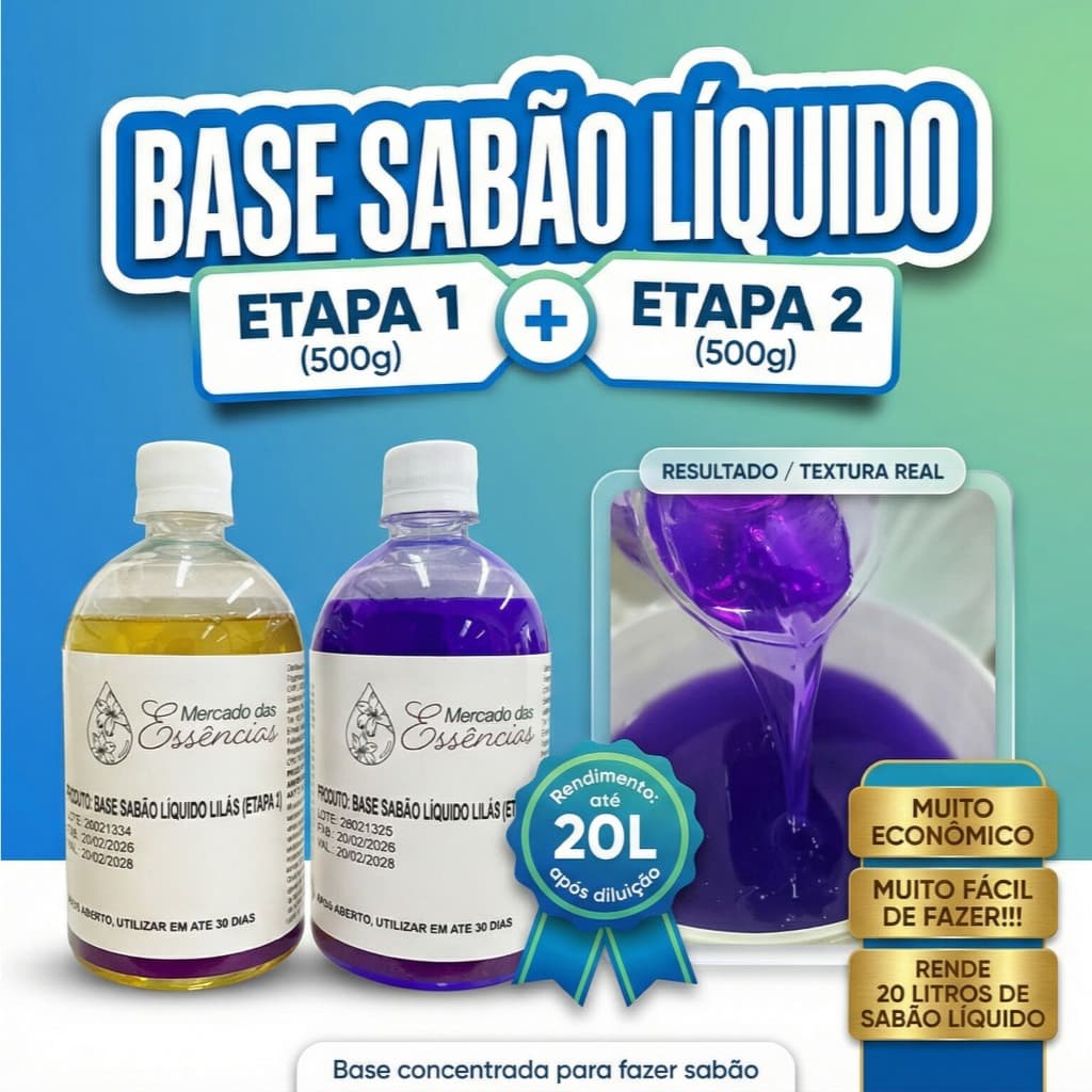 Base Sabão Líquido Faz 20L – Kit Blend Concentrado 2 Frascos – Fácil de Fazer