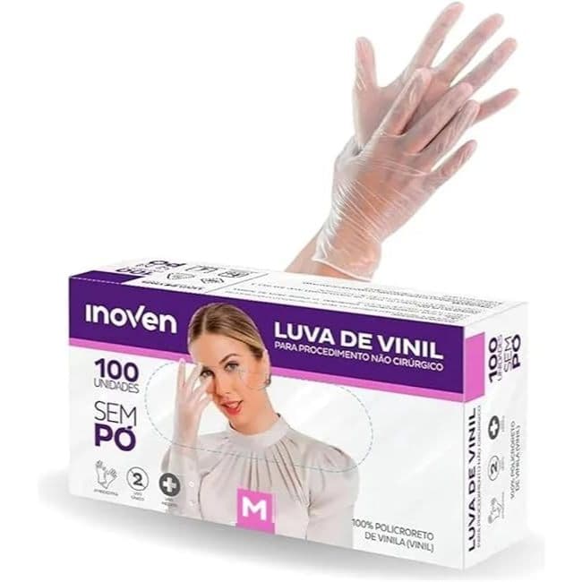 Kit 100 Luvas de Vinil Descartável Transparente com Pó ou Sem Po Descartável Inoven