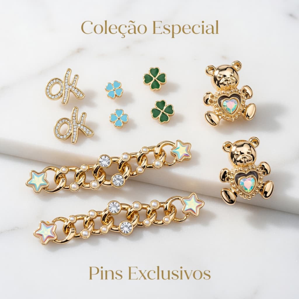 Kit Bottons Fofos e Elegantes para Sandália Babuche Pingentes Dourados Removíveis Fashion Croc