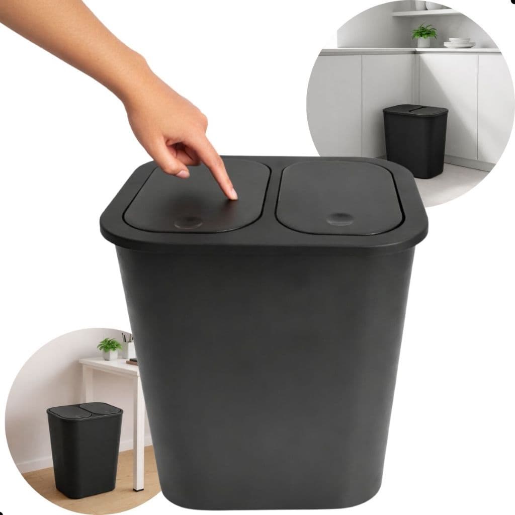 Lixeira 25L 2 Compartimentos Tampa Quick Flip Preta Cozinha Banheiro Multiuso