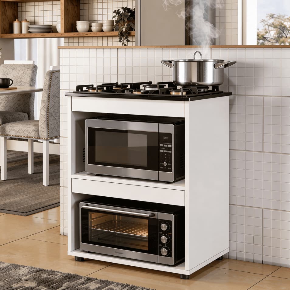 Balcão p/ Cooktop 4 ou 5 Bocas Cozinha Moderna Armário 2 Nichos Organizador Tampo Madeira Blue Moby