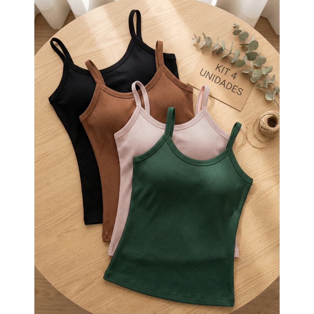 Kit 4 Blusa Regata Feminina Canelada Alcinha Blusinha Bojo Básica Casual Alça Fina Dia A Dia