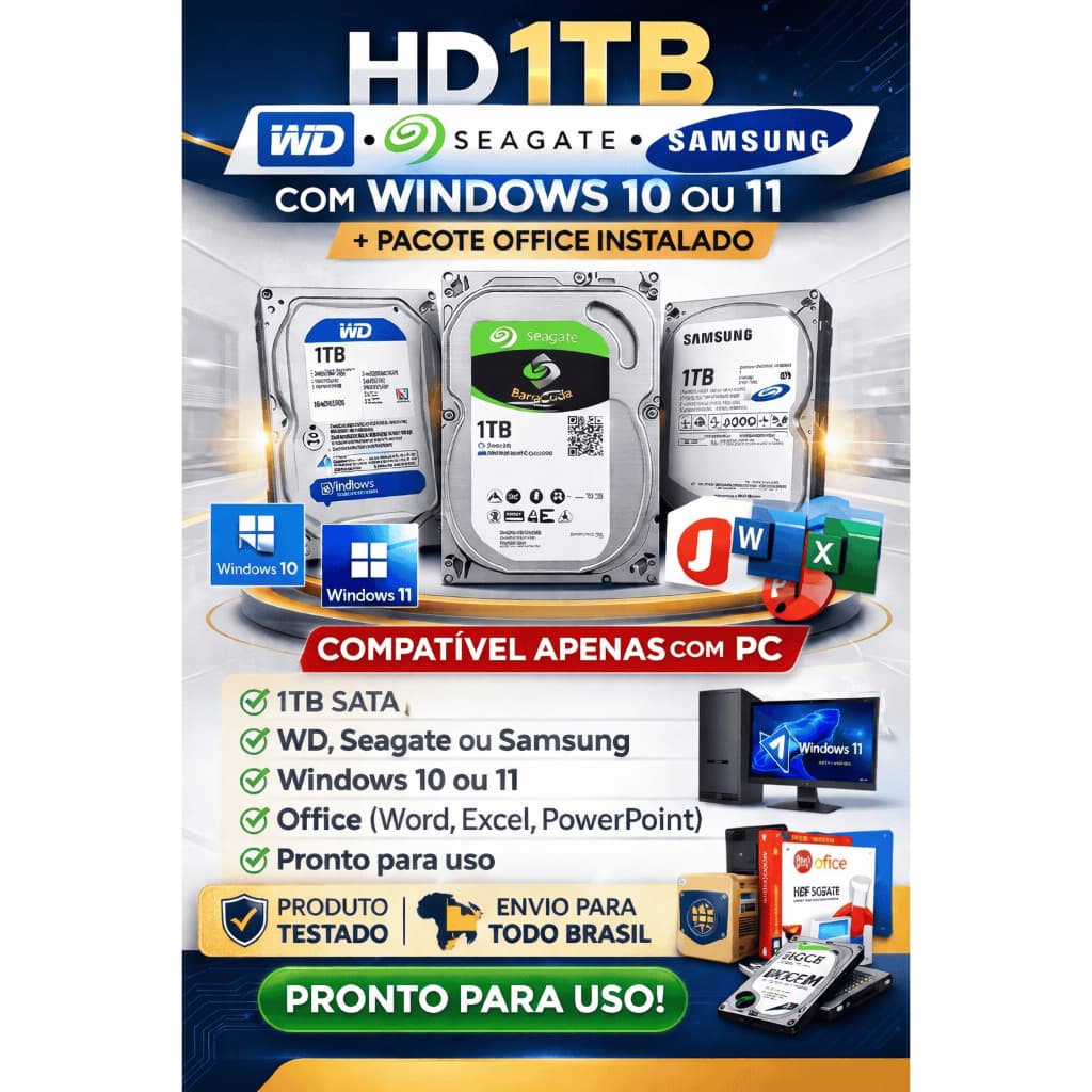 HD 1TB WD / Seagate / Samsung com Windows 10 ou 11 + Office Instalado