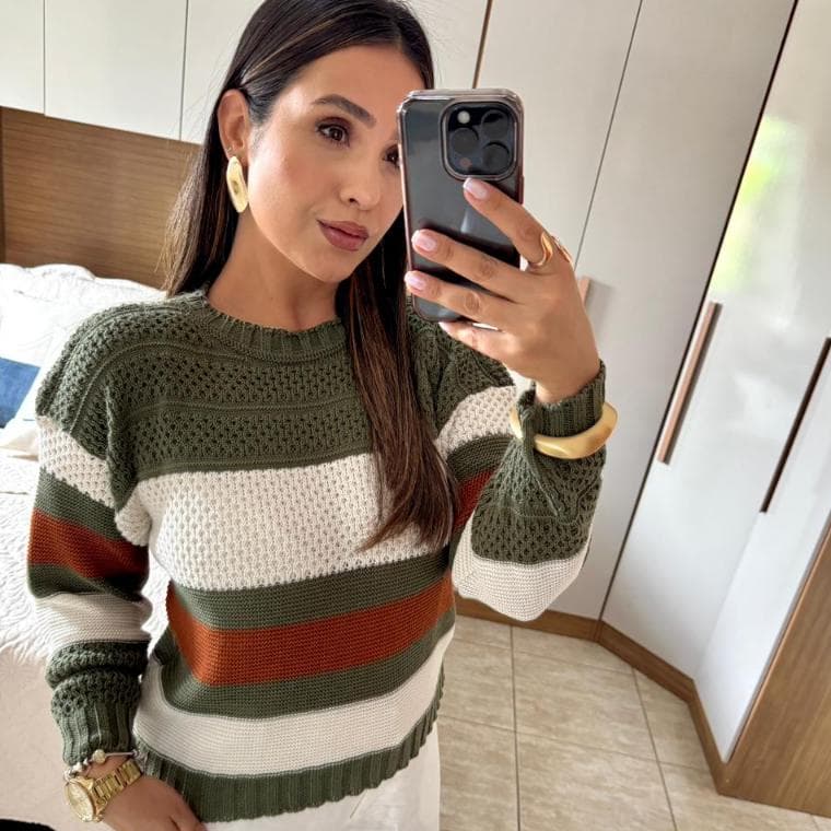 Blusa Feminina de Frio Listrada de Tricot Lã Manga Longa Tricô Gola Redonda Lançamento Inverno