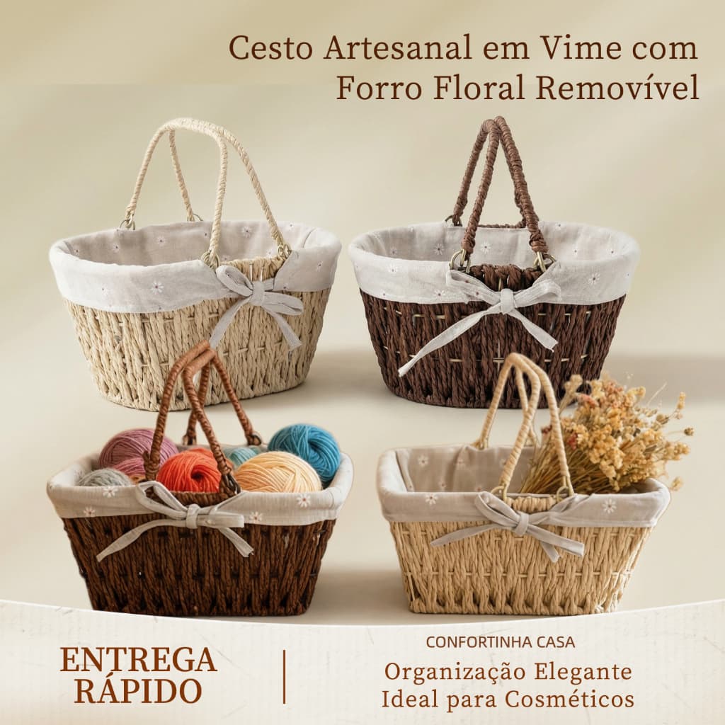 Cesto Organizador em Vime com Alça Forro Floral Removível Decorativo