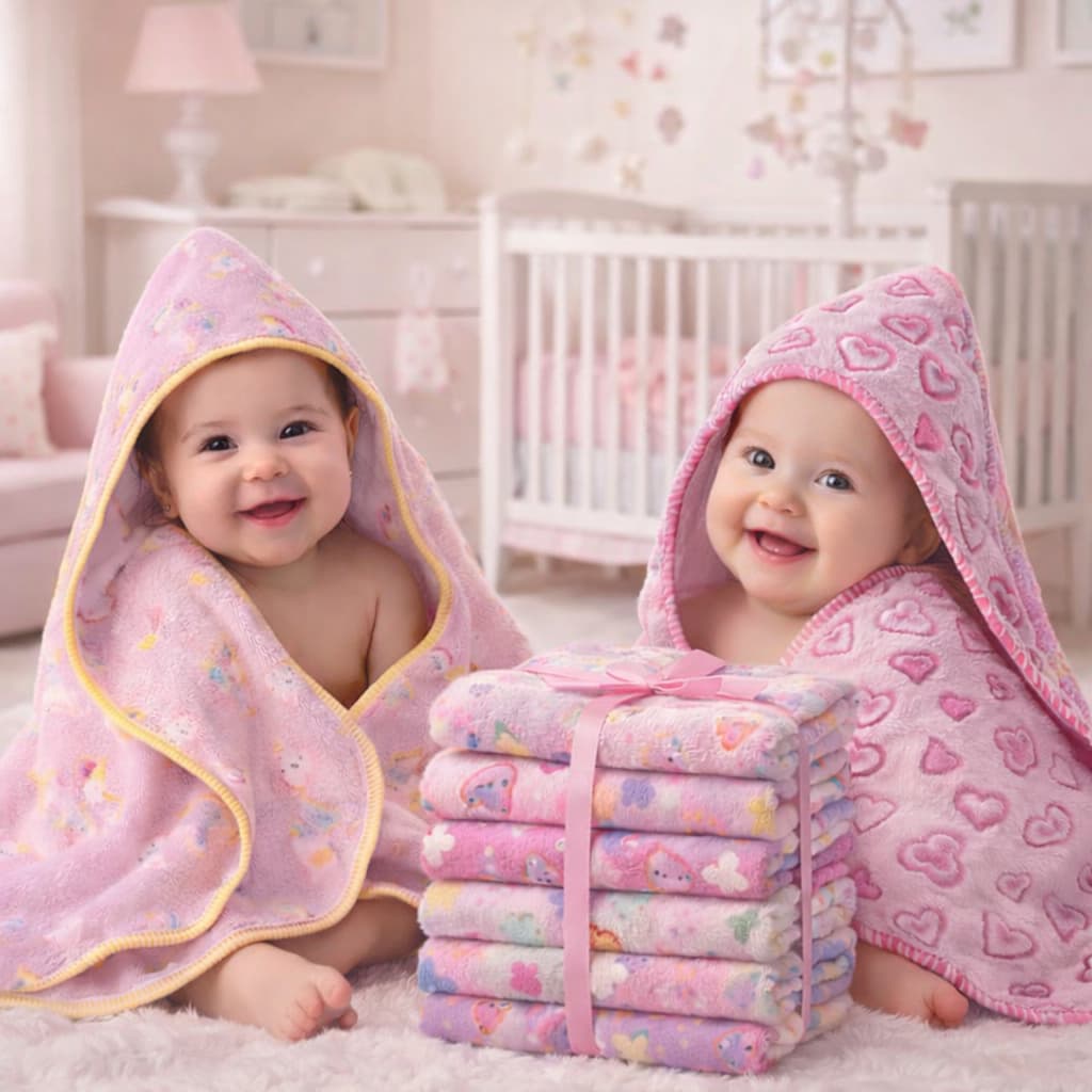 Kit 2 Toalha de Banho Bebê Tecido Soft Fleece Forrada em Fralda 100% Algodão com Capuz