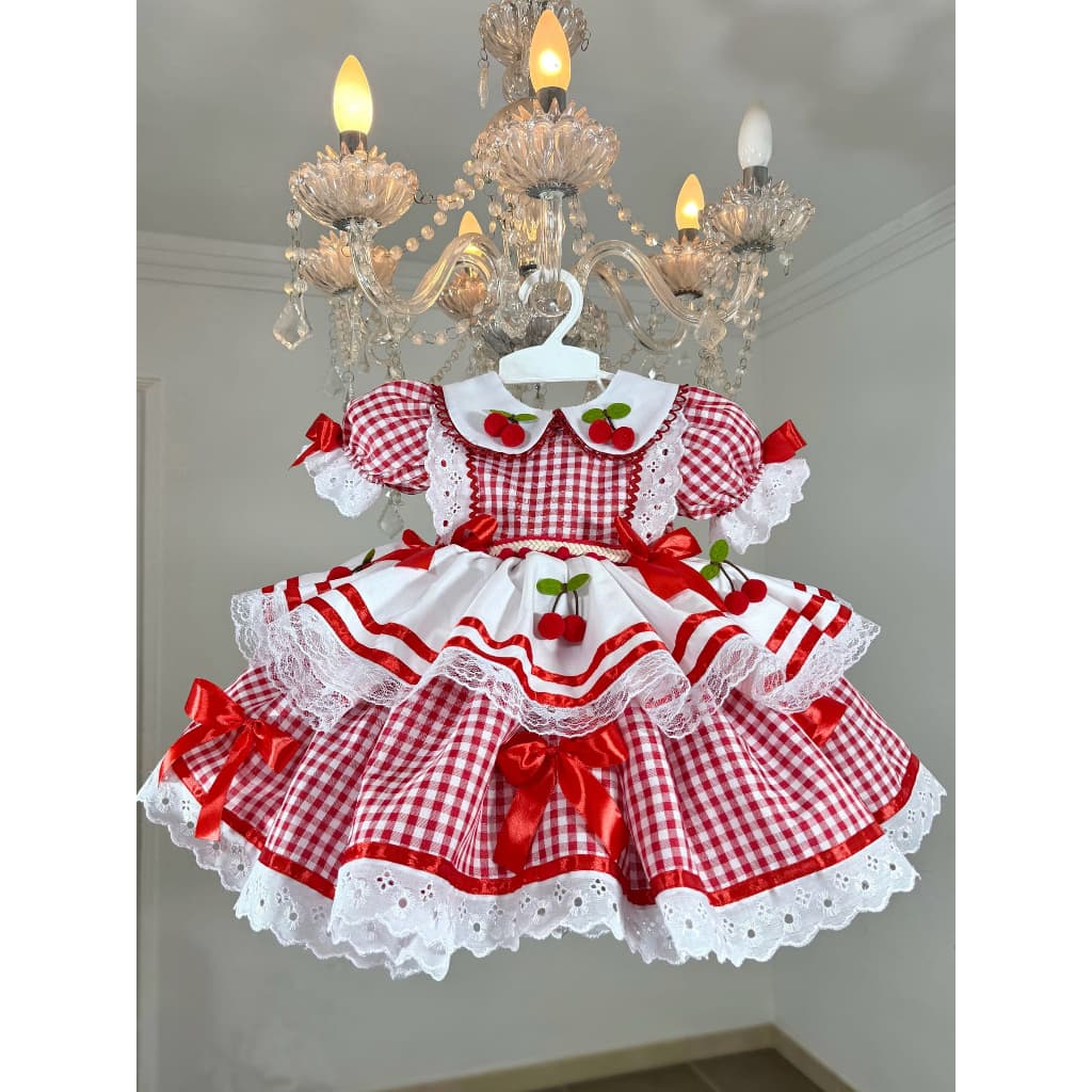 Vestido Junino Torta de Cereja 2026 Luxo Festa Junina Xadrez Cereja Vermelho Quadrilha