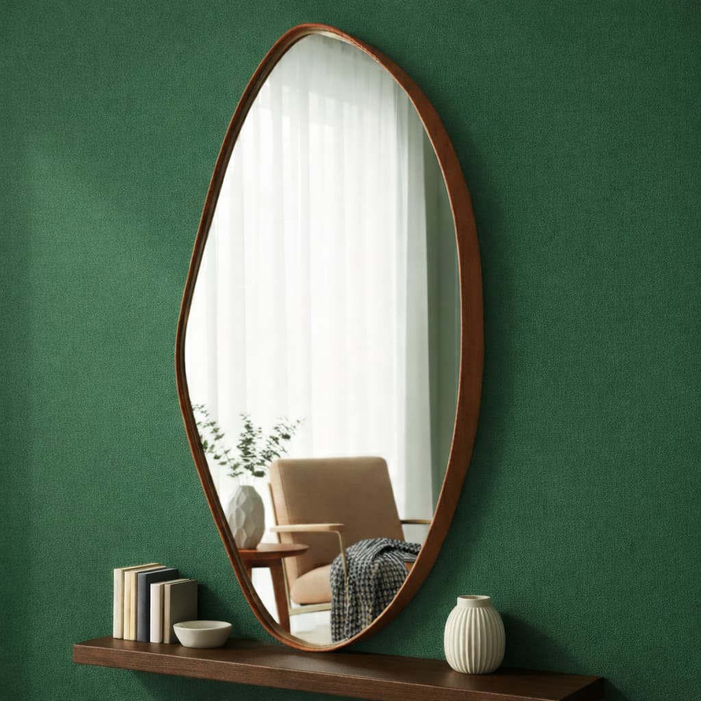 Espelho Orgânico 60x40 Decorativo De Parede Couro Ecológico + Suporte Para Banheiro Quarto Sala Hall