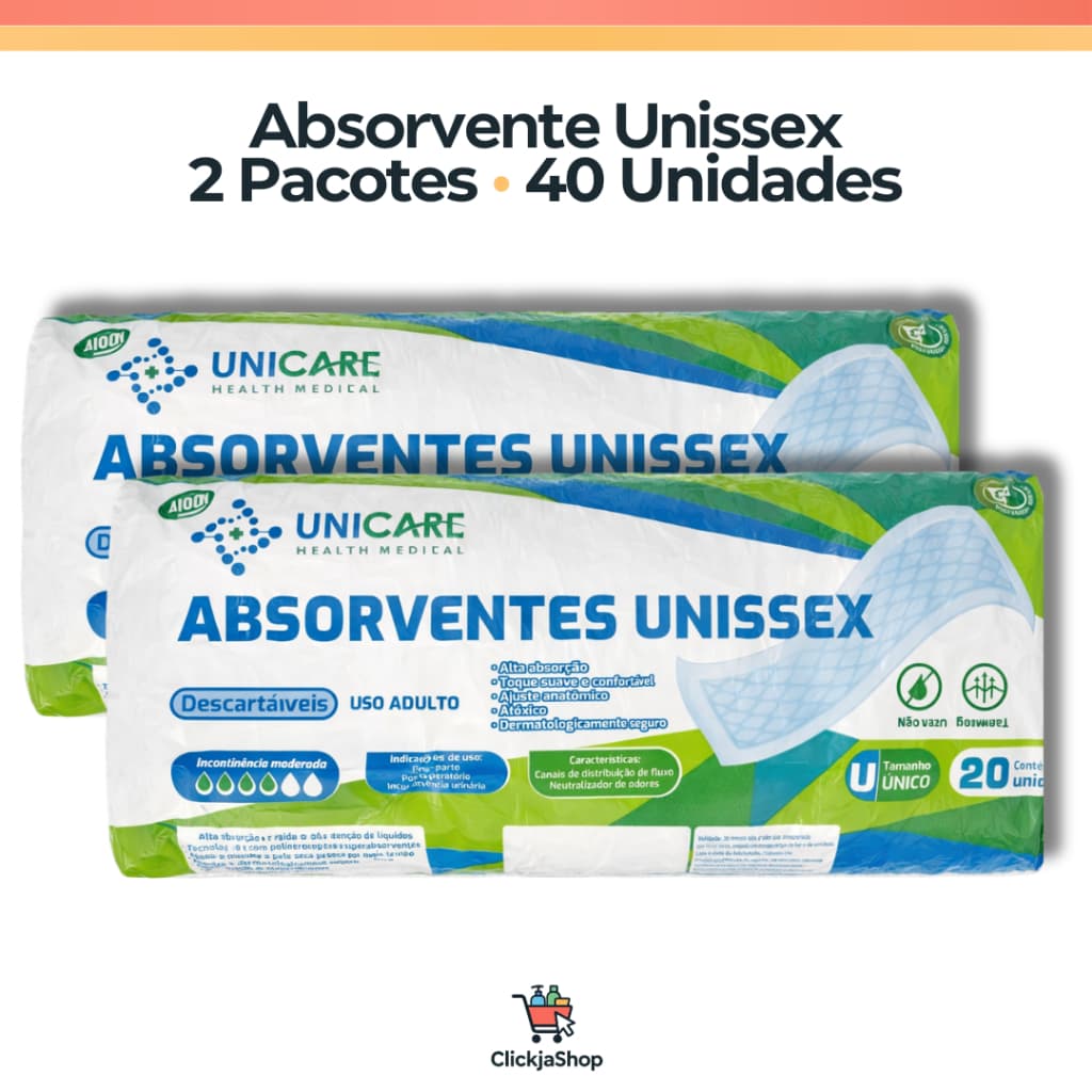 2 Pct de Absorventes Unissex de Uso Adulto 40 Uni. | Geriátrica e Pós-Parto + ALTA ABSORÇÃO