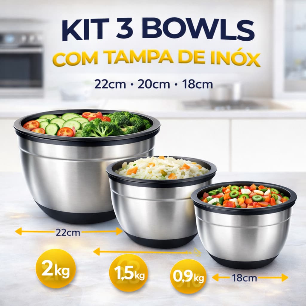 Kit 3 Bowls Inox com Tampa Hermética 22cm 20cm 18cm Potes Aço Inox Cozinha Armazenamento Alimentos