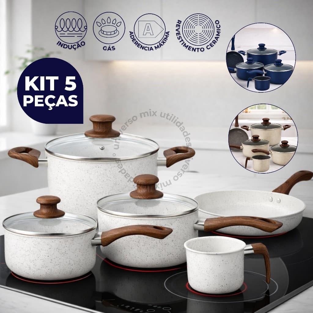 Jogo de Panelas 5 Peças Cerâmica Antiaderente Fogão à Gás e Indução