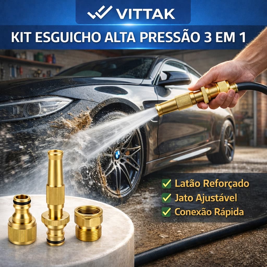 Kit Esguicho Alta Pressão 3 em 1 Metal para Mangueira 1/2 com Conector + Adaptador de Torneira | Lava Carro Moto Jardim