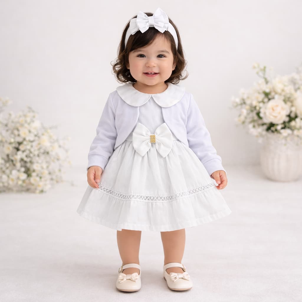 Vestido Com Bolero Infantil Bebê Menina Kit 3 peças Fofo Batizado Festa Acompanha Tiara Delicada