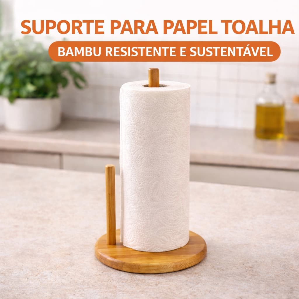 Suporte Porta papel Toalha Bambu Com Haste de Apoio Organizador Mesa Papel 16x16x32