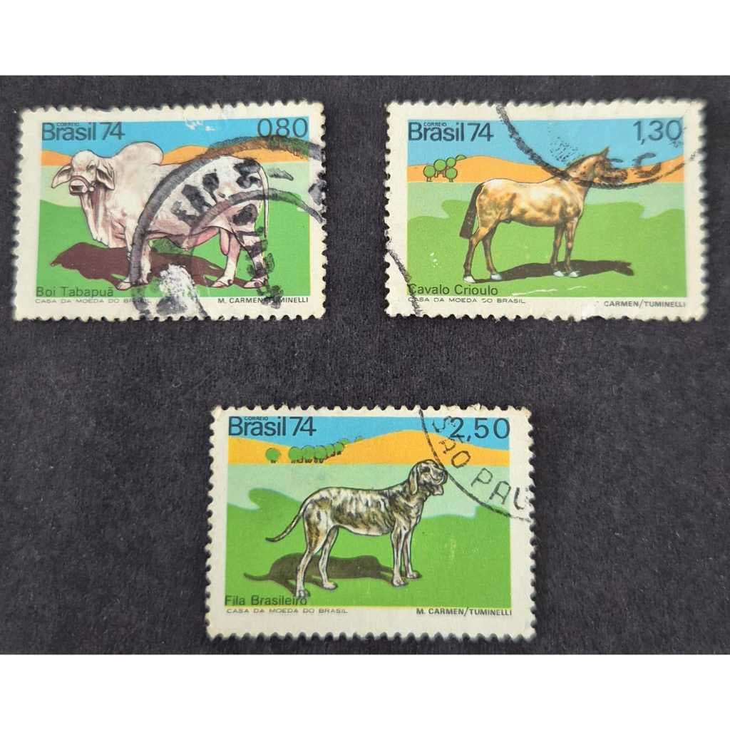 Série completa de selos dos correios RHM C864 a C866. Animais brasileiros 1974. Filatelia