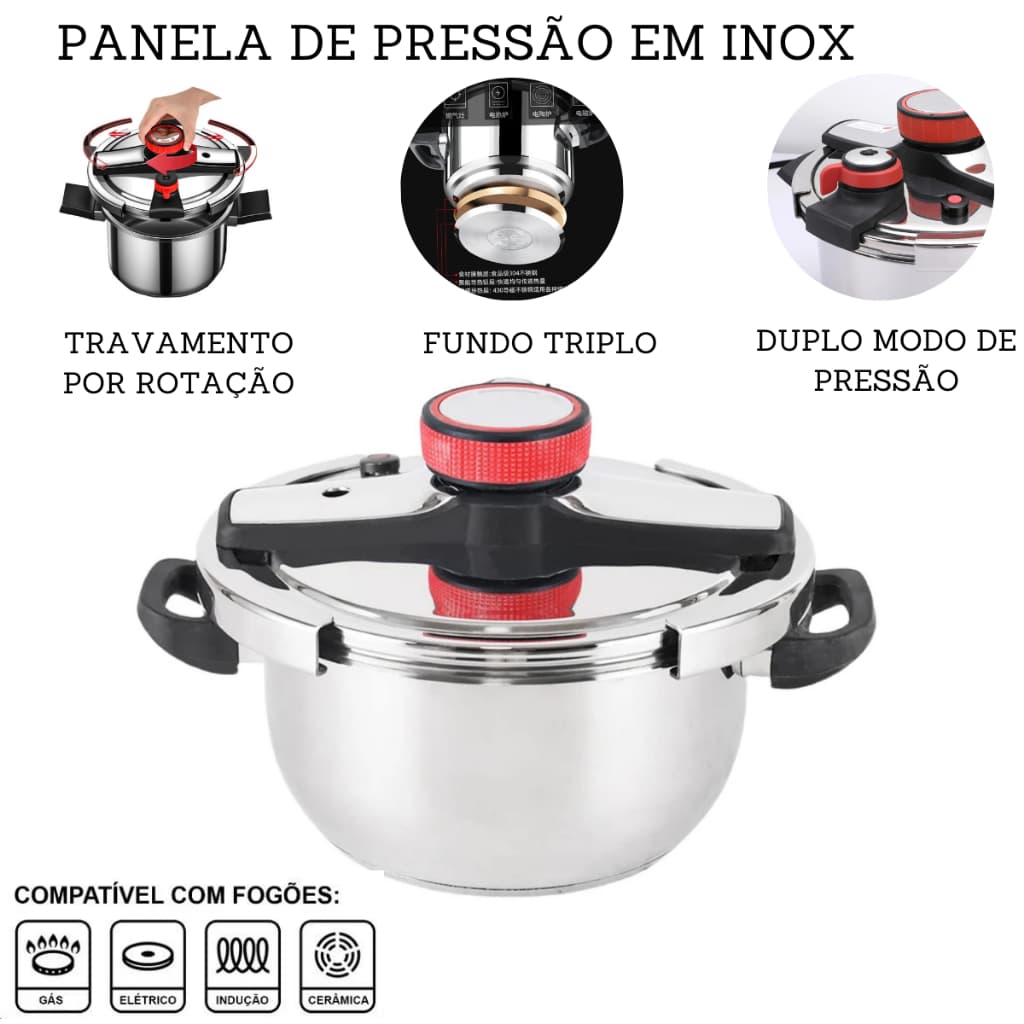 Panela De  Pressão Inox Multifuncional Com Fechamento Externo Indução E Gás